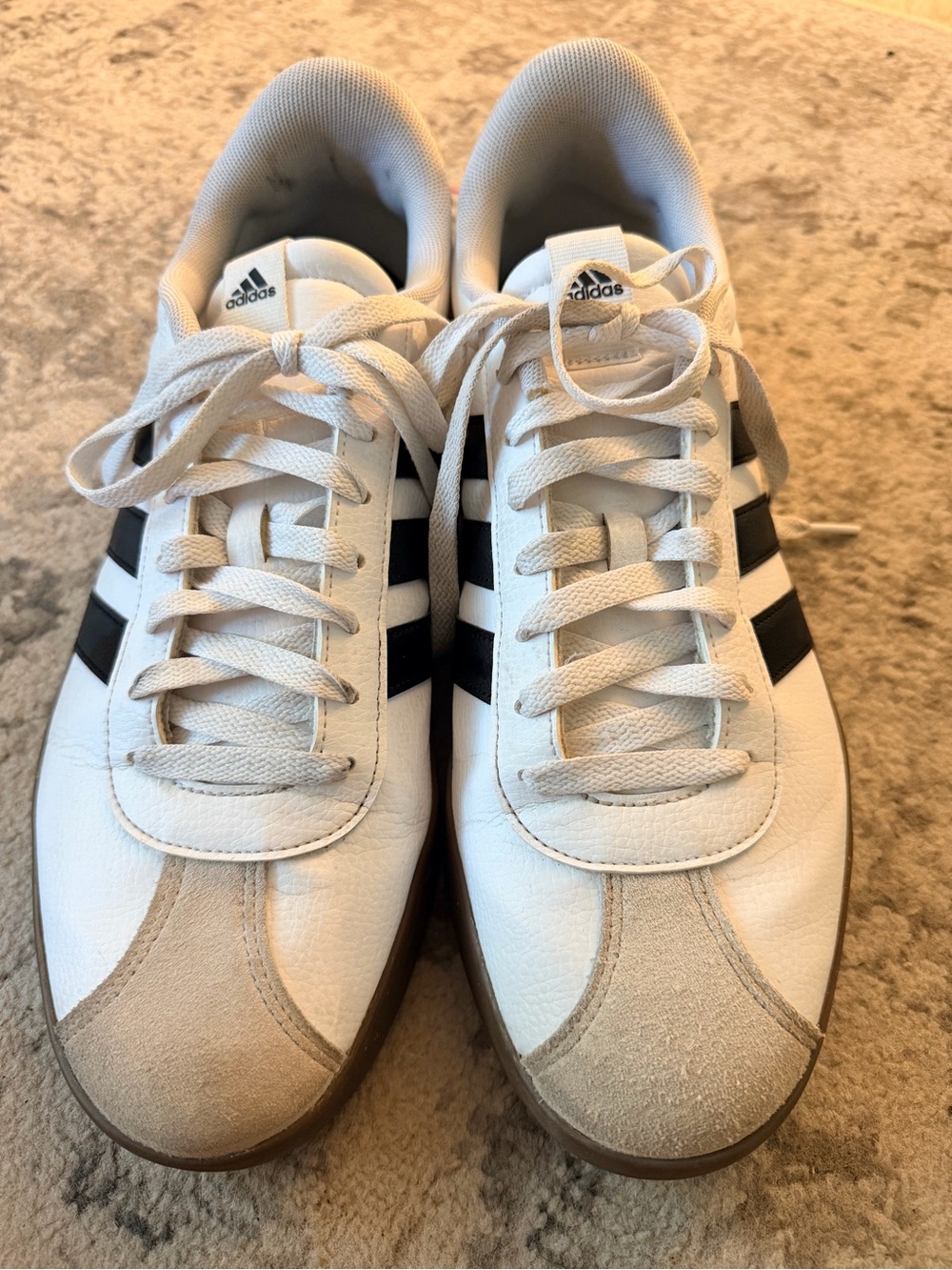 adidas White Sneakers with Black Stripes and Suede Toe